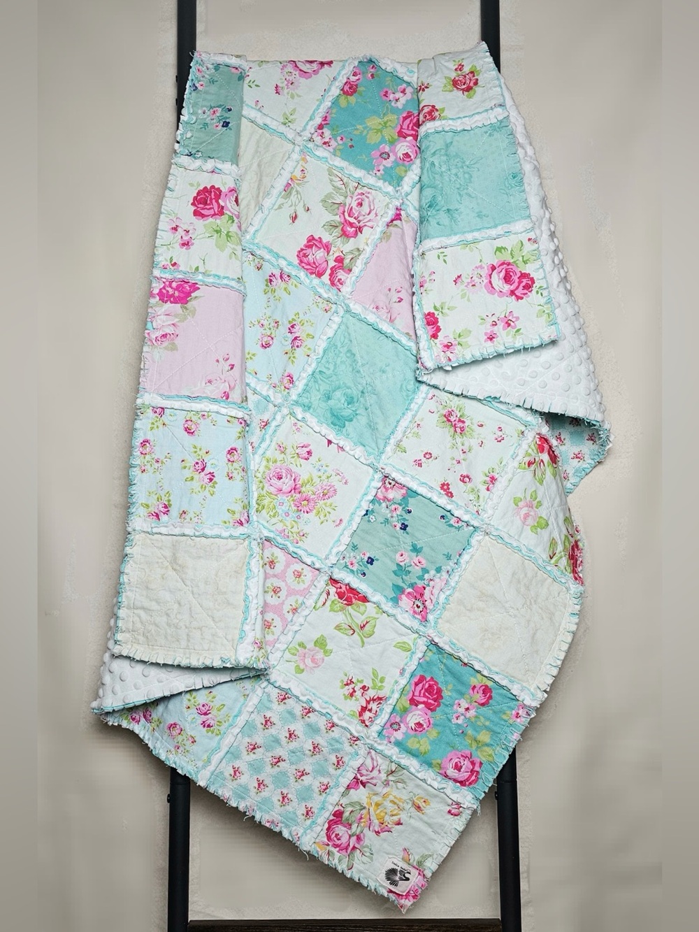 Handmade Floral Rag Quilt: Shabby Chic Baby Crib Blanket